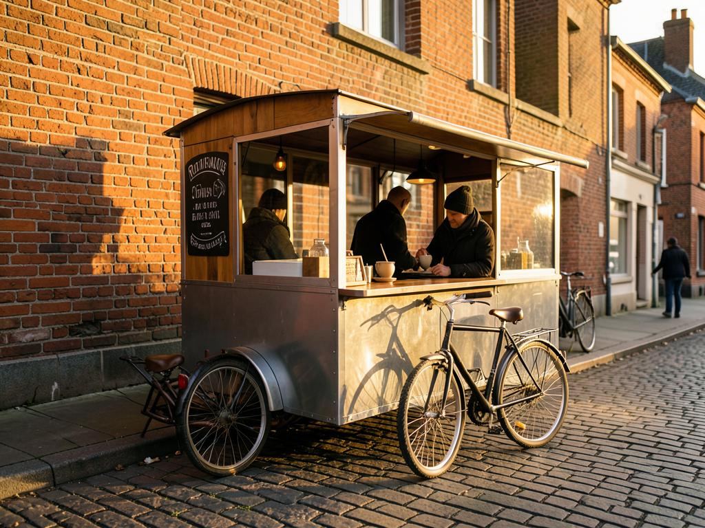 Vélo-KAFFÉ en bois servant des espressos devant un mur de brique à Roubaix