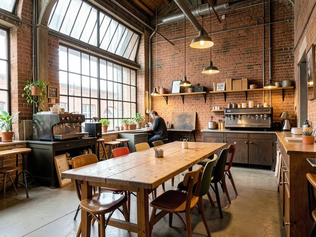 Intérieur du KAFFÉ : grande table commune sous une verrière d'ancienne usine