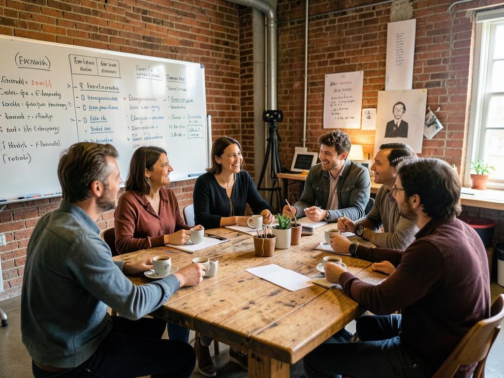 Atelier d'entrepreneurs autour d'une grande table en bois
